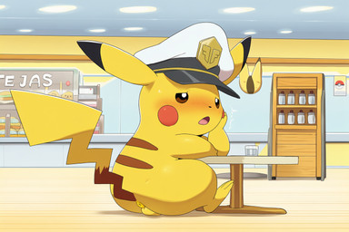 anus backsack balls blush bodily_fluids butt cafe clothing container cup detailed_background embarrassed feet feral fur furniture genitals hat hat_only headgear headgear_only headwear headwear_only inside looking_at_viewer looking_back male mostly_nude open_mouth sitting solo sweat table tail yellow_body yellow_fur jomisa nintendo pokemon captain_pikachu generation_1_pokemon mammal pikachu pokemon_(species)
