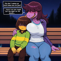 ambiguous_gender anthro big_breasts blush bottomwear breast_squish breasts clothing cuddling denim denim_clothing dialogue duo female forest forest_background freckles hair hair_over_eyes hand_on_shoulder head_on_chest huge_breasts jeans larger_female mythology nature nature_background night pants plant purple_body side_hug sitting_on_bench size_difference smile speech_bubble squish sweater text topwear torn_bottomwear torn_clothing torn_jeans torn_pants tree yellow_body yasuhikonsfw deltarune undertale_(series) kris_(deltarune) susie_(deltarune) dragon human mammal mythological_creature mythological_scalie scalie hi_res