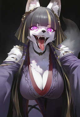 anthro asian_clothing big_breasts black_hair blonde_hair bodily_fluids breasts choker cleavage clothed clothing east_asian_clothing eyelashes female fluffy fluffy_tail fur glowing glowing_eyes hair horror_(theme) huge_breasts japanese_clothing jewelry kimono long_hair multicolored_hair neck_tuft necklace purple_eyes reaching_towards_viewer saliva sharp_teeth simple_background smile smiling_at_viewer solo tail teeth tongue tongue_out tuft twintails_(hairstyle) two_tone_hair vore white_body white_fur apprenticedomini fire_emblem tamamo_(fire_emblem) canid canine fox mammal hi_res