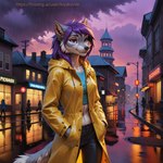 anthro city city_background clothed clothing coat evening female fur hair kryakovski looking_at_viewer purple_eyes purple_hair raincoat raining smile solo solo_focus sunset topwear white_body canid canine canis mammal wolf hi_res