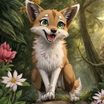 absurd_res canid canine crouching director_cougar female feral fluffy_fur fox green_eyes hi_res mammal open_mouth paws smile smiling_at_viewer solo