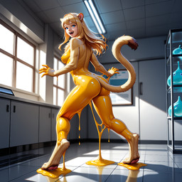 anatomically_correct_tail anthro blonde_hair blue_eyes breasts butt clothing detailed_background digitigrade dipstick_tail female fur glistening glistening_body goo_transformation hair human_to_anthro inside laboratory latex latex_transformation liquid liquid_latex long_hair looking_at_viewer looking_back markings mid_transformation nipples nude open_mouth pawpads paws rear_view slime solo species_transformation standing surprise tail tail_markings transformation tuft whiskers window yellow_body yellow_fur crashbandit felid feline human lion living_latex mammal pantherine comfyui_(software) digital_media_(artwork) prompt_metainfo wainsfwillustrious_(model)