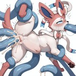 abdominal_bulge absurd_res black_pawpads blue_eyes blue_tentacles blush bodily_fluids canid canine clitoris cum cum_drip double_penetration dripping drooling eeveelution excessive_cum excessive_genital_fluids eye_roll female feral fur generation_6_pokemon genital_fluids genitals half-closed_eyes hi_res leg_up mammal mengxi multicolored_body multicolored_fur narrowed_eyes navel open_mouth pawpads penetration pokemon_(species) pussy quadruped restrained saliva shaking simple_background solo spread_legs spreading sylveon tears tentacle_bondage tentacles trembling two_tone_body two_tone_fur white_background