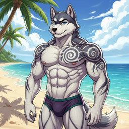 anthro beach clothing male muscular seaside solo speedo swimwear tattoo canid canine canis domestic_dog husky mammal nordic_sled_dog spitz