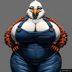 5_fingers anthro beak big_breasts breasts chubby_anthro chubby_female cleavage clothed clothing female fingers grey_background multicolored_body orange_beak overalls pornpen.ai simple_background solo standing white_eyes cow_of_fire avian bird 1:1 shaded watermark