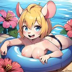 anthro bikini bikini_bottom blonde_hair breast_rest breasts clothing female flower hair hi_res hibiscus inflatable lying mammal medium_breasts mouse murid murine nipples on_front open_mouth plant pool poolside rodent sharp_teeth short_hair sklimaa smile solo swim_ring swimwear teeth thong thong_bikini underwear