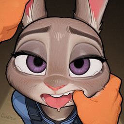 anthro bodily_fluids female fur grey_body grey_fur mouth_shot open_mouth purple_eyes solo tears tongue qadisa disney zootopia judy_hopps lagomorph leporid mammal rabbit