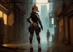 2023 anthro black_nose bottomwear brown_body brown_eyes brown_fur brown_hair building butt capreoline cervid city city_background clothed clothing countershading detailed_background female full-length_portrait fully_clothed fur hair hi_res hooves jacket legband looking_at_viewer looking_back looking_back_at_viewer malakim mammal pants portrait raining rear_view short_hair solo stable_diffusion standing street techwear thighband topwear urban urban_background white-tailed_deer yiffymix_(model)