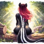 anthro back butt detailed_background director_sunshine female fluffy fluffy_tail fur hair mammal mephitid rear_view sitting skunk solo