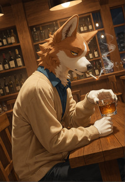 anthro bar beverage ceiling_lights chair cigarette cigarette_in_mouth clothed clothing collared_shirt container cup drinking_glass dutch_angle fur furniture glass glass_container glass_cup gold_eyes half-closed_eyes holding_beverage holding_object ice_cube inside leaning leaning_forward looking_aside male narrowed_eyes night side_view sitting smoke smoking solo sweater table tan_body tan_fur topwear white_body white_fur window softiepawz canid canine canis domestic_dog herding_dog mammal pastoral_dog welsh_corgi 2025 hi_res