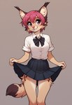 anthro bottomwear breasts clothed clothing clothing_lift female fluffy looking_at_viewer medium_breasts school_uniform skirt skirt_lift solo standing uniform foxlover7796 kordi_(iskra) felid feline lynx mammal hi_res