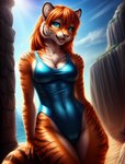 absurd_res anthro beach beach_background blue_clothing blue_eyes breasts camel_toe chest_tuft cliff clothing felid female fur hair hi_res isengrim light looking_at_viewer mammal medium_breasts navel one-piece_swimsuit orange_body orange_fur pantherine pink_nose red_hair sand seaside sky smile solo striped_body striped_fur stripes sunlight swimwear tiger tight_clothing tuft