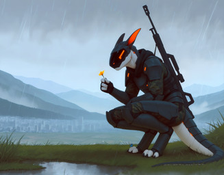 3_toes 4_fingers anthro armor black_claws black_visor blue_butterfly camo city city_background claws clothed clothing crouching digitigrade feet fingers flower foggy futuristic futuristic_armor grass heavy_armor heavy_rifle holding_flower holding_object hood_down landscape looking_at_object male military mountains neutral_expression orange_ears orange_eyes outside plant puddle raining side_view solo toes weapon_on_back wet wet_body wet_clothing adragocult arthropod butterfly insect lepidopteran synth_(vader-san) absurd_res hi_res