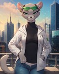 anthro bald black_nose bottomwear breasts clothing coat denim denim_clothing ear_piercing ear_ring eyewear female glasses green_eyes hoodie jeans long_neck looking_at_viewer medium_breasts pants piercing ring_piercing seductive semi-anthro skyscraper smug solo topwear town sagrael marie_itami mammal mink mustelid musteline true_musteline absurd_res hi_res