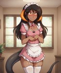 anthro apron black_hair blush bodily_fluids clothed clothing embarrassed female garter_straps hair horn inside legwear long_hair maid_uniform orange_eyes pink_clothing solo standing stockings sweat sweatdrop thigh_highs twokinds uniform window anontk madam_reni_(twokinds) animal_humanoid dragon dragon_humanoid humanoid mammal scalie hi_res