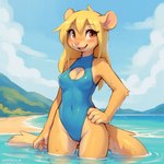anthro beach blonde_hair blush blush_lines breasts clothed clothing female fur hair hands_on_hips hi_res mammal mila_minx mink mustelid musteline navel nipple_outline one-piece_swimsuit red_eyes sea seaside smile smiling_at_viewer solo standing standing_in_water swimwear tan_body tan_fur true_musteline water