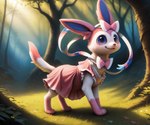 bowtie clothed clothed_feral clothing eeveelution female feral forest generation_6_pokemon mammal orionbonnie pink_body plant pokemon_(species) ribbons ribbons_(anatomy) solo sylveon tree white_body