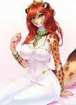 anthro areola auburn_hair blue_eyes breasts cleavage clothed clothing felid female jewelry leopard looking_at_viewer maisha mammal midriff narrowed_eyes navel nipples pantherine pose seductive skimpy smile solo spots tahlia_(director) translucent translucent_clothing