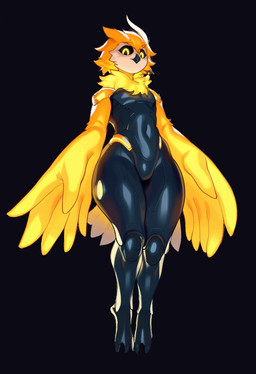 ambiguous_gender anthro black_pupils black_sclera glowing glowing_eyes pupils solo winged_arms wings yellow_wings hellsonger mascot_2025 avian bird owl hi_res
