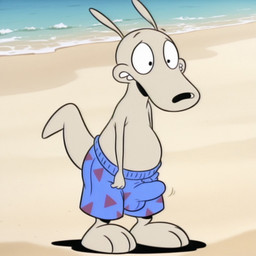 anthro balls beach beach_background belly bottomwear bulge clothed clothing erection erection_under_clothing genital_outline genitals male outside penis sand sea seaside slightly_chubby solo swimming_trunks swimwear tail tan_body tenting topless topless_male water boxen549 rocko's_modern_life rocko_rama macropod mammal marsupial wallaby