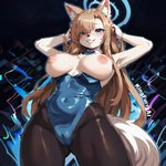 anthro bare_shoulders big_breasts black_clothing black_legwear black_pantyhose blue_background blue_clothing blue_eyes bow_(disambiguation) bowtie breasts cameltoe cheek_tuft chest_tuft clothed clothing collar dutch_angle exposed_breasts facial_tuft female fox_ears front_view fur gloves hair hair_over_eye hair_over_one_eye halo handwear happy highleg highleg_leotard hip_tuft inner_ear_fluff inviting legwear leotard light_brown_hair long_hair looking_at_viewer looking_down looking_down_at_viewer markings mole_(marking) mole_on_breast nipples one_eye_obstructed open_mouth open_smile pantyhose pink_nipples playboy_outfit puffy_nipples raised_arms shirt_collar shoulder_tuft showing_teeth simple_background slim_body slim_female small_waist smile smiling_at_viewer solo topless tuft view_from_below white_body white_clothing white_fur white_gloves white_handwear white_tail wide_hips kingfurryai blue_archive asuna_ichinose arctic_fox canid canine fox mammal hi_res