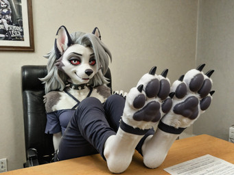 anthro clothed clothing collar digitigrade feet female foot_focus fur grey_hair hair legs_up looking_at_viewer pawpads paws red_sclera solo spiked_collar spikes white_body white_fur nealime helluva_boss loona_(helluva_boss) canid canid_demon demon hellhound mammal hi_res