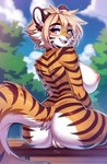 anthro big_breasts blonde_hair bodily_fluids breasts butt female fur genital_fluids genitals hair looking_at_viewer looking_back looking_back_at_viewer nipples open_mouth open_smile orange_body orange_fur outside pussy pussy_juice red_eyes sitting_on_bench smile solo striped_body striped_fur stripes cosmicelement felid mammal pantherine tiger absurd_res hi_res