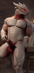 anthro beverage big_penis blush bodily_fluids erection genital_fluids genitals highlights_(coloring) horn huge_penis humanoid_genitalia humanoid_penis leaking_precum male male/male muscular penis precum pupils red_eyes red_highlights red_penis scales slit_pupils solo solo_focus tavern thick_thighs white_body white_scales alcholoicidiot the_dark_urge dragon dragonborn_(dnd) scalie