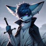 anthro blue_body blue_fur clothing fur janek male melee_weapon solo sword weapon lucifluffy canid canine fennec fox mammal