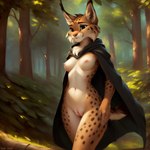 absurd_res anthro breasts cloak clothed clothing felid feline female forest forest_background genitals hi_res lynx mammal nature nature_background nude partially_clothed plant pussy solo trake_legend tree walking