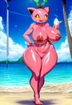 anthro barefoot beach beverage big_breasts breasts completely_nude curvy_figure deep_navel eyelashes feet female genitals glistening glistening_body huge_breasts humanoid_feet navel nipples nude nude_female oiled oiled_body pink_body pink_nipples pokemon pussy seaside smile smiling_at_viewer solo standing thick_thighs voluptuous voluptuous_female wide_hips javvy generation_2_pokemon hoppip pokemon_(species) hi_res