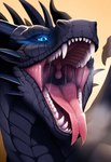 ambiguous_gender black_body black_scales blue_eyes bodily_fluids day detailed_scales drooling fangs feral forked_tongue gaping_mouth glowing glowing_eyes horn mouth_shot open_mouth presenting_mouth saliva saliva_string scales solo spines teeth tongue uvula vore wings loganth dragon detailed hi_res