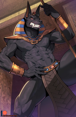 black_body black_fur black_nose clothing egyptian_clothing egyptian_headdress egyptian_mythology fur male pharaoh royalty solo anubis anubian_jackal canid canine canis deity jackal mammal hi_res
