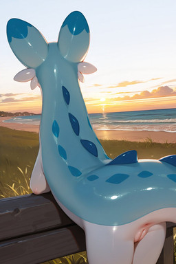 anus beach blue_body cloud female fence feral genitals grass looking_away plant pussy sea seaside solo sunset tail water white_body xerberus0 palworld chillet pal_(species) hi_res