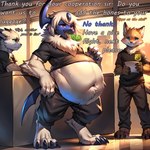 anthro belly big_belly bottomwear burping clothing cloud_emanata group pants shirt standing text topwear trio vore vore_belly thedavid absol canid canine canis fox generation_3_pokemon mammal pokemon_(species) wolf english_text hi_res