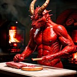 anthro blurred_background detailed_background dragon genitals_covered hi_res kitchen looking_at_viewer male muscular muscular_male nipples nude red_body red_scales red_sclera scales solo story story_in_description sweaty