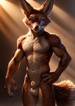 animal_genitalia anthro athletic balls blue_eyes canid fluffy fluffy_tail fully_sheathed genitals hi_res junothewoofer looking_at_viewer male mammal navel pinup pose sheath solo vulpera