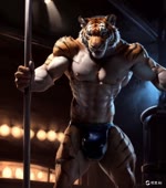 anthro bulge clothing dancing front_view high_res inside male muscular nipples pole pole_dancing smile solo standing thong turning underwear joachim58 felid mammal pantherine tiger animated webm