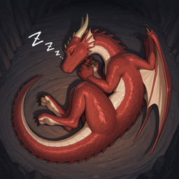 ambiguous_gender cave curled_up feral horn mythology on_ground red_body sleeping solo solo_focus sound_effects spines wings zzz unknown_director dragon mythological_creature mythological_scalie scalie hi_res