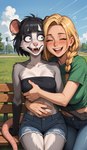 anthro bandeau bench black_hair blonde_hair blush bodily_fluids bottomwear braided_hair breast_grab breasts clothed clothing cutoffs denim denim_bottomwear denim_clothing drunk duo ear_piercing ear_ring embrace eyes_closed female female/female female_on_anthro female_on_human fondling fur grass grey_body grey_fur hair hand_on_breast happy hug human_on_anthro interspecies jeans midriff navel open_mouth open_smile outside pants park piercing plant public ring_piercing shirt shocked shorts sitting small_breasts smile solo substance_intoxication suprise sweat teeth tongue topwear tree white_body white_fur anonymous_director american_opossum human mammal marsupial hi_res