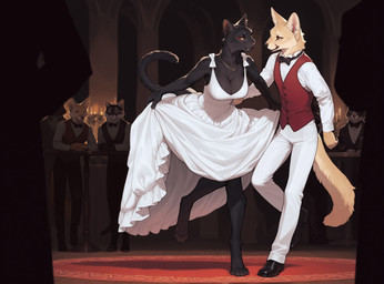 anthro ball_gown ballroom barefoot black_body black_fur bottomwear bowtie breasts candle candlelight cleavage clothed clothing clothing_lift dancing duo eyeliner feet female footwear fur furniture jewelry leaning light light_brown_fur looking_at_another makeup male male/female pants pupils rug shoes silhouette skirt skirt_lift slit_pupils table topwear vest cerinil background_character caelith_(cerinil) canid canine domestic_cat felid feline felis fennec fox mammal hi_res