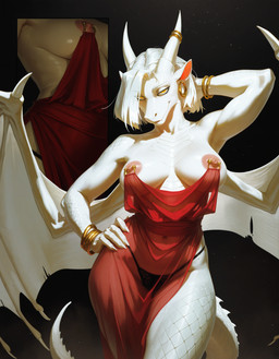 2_horns anthro areola big_breasts black_clothing black_panties black_underwear bracelet breasts claws close-up clothed clothed_female clothing curvy_figure dress ear_piercing ear_ring eyelashes female female_anthro fingers hair hand_behind_head hand_on_hip horn jewelry looking_at_viewer membrane_(anatomy) membranous_wings mythology naked_dress narrowed_eyes nipple_dip nipple_piercing nipples panties piercing pink_areola pink_nipples red_clothing red_dress ring_piercing scales seductive smile solo spread_wings standing tail thick_thighs translucent translucent_clothing underwear white_body white_breasts white_hair white_horn white_scales white_tail white_wings wide_hips wings yellow_eyes zeez18 dragon mythological_creature mythological_scalie scalie western_dragon digital_media_(artwork) hi_res