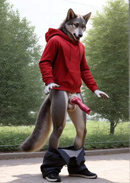 animal_genitalia animal_penis anthro bottomwear bottomwear_down canine_genitalia canine_penis clothed clothing fur genitals grey_body grey_fur hoodie knot male pants pants_down partially_clothed penis public public_exposure realistic solo surprise topwear wardrobe_malfunction white_body white_fur anonymous_director canid canine canis mammal wolf hi_res