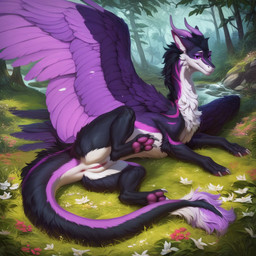 anus black_body black_fur claws creek feathered_wings feathers female feral flower fluffy fluffy_tail forest fur genitals grass horn leg_up looking_at_viewer lying lying_on_side mythology on_grass on_ground pawpads paws pink_anus pink_body pink_feathers pink_fur pink_pawpads pink_pussy plant presenting presenting_anus presenting_pussy purple_body purple_eyes purple_feathers purple_fur purple_horn pussy solo spread_legs spread_wings spreading stones tail tree water white_body white_fur wings schachtnatten dragon furred_dragon furred_scalie mythological_creature mythological_scalie scalie