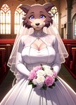 anthro big_breasts breasts canid canine canis church cleavage clothed clothing dress elfurro female flower juno_(beastars) mammal plant solo wedding_dress window wolf