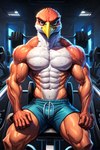 abs anthro athletic beak biceps bodily_fluids bottomwear clothing exercise feathers flexing gym laboratory male muscular muscular_anthro muscular_male navel neck_muscles pecs ripped_muscles shorts solo sweat test_subject triceps veiny_muscles workout birdovo fleck_(birdovo) avian bird falcon falconid hi_res