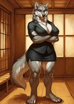 anthro athletic big_breasts black_clothing black_nose breast_rest breasts cheek_tuft chest_tuft claws clothed clothing crossed_arms curvy_figure ears_up facial_tuft female fluffy fluffy_tail fur grey_body grey_fur inner_ear_fluff inside japanese_house looking_at_viewer muscular muscular_anthro muscular_female neck_tuft office_clothing seductive smile solo standing suit thick_thighs toe_claws tuft voluptuous wall_(structure) wood_floor wood_wall unknown_director canid canine canis mammal wolf hi_res