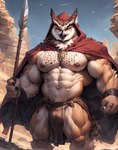 abs anthro beak black_eyes bodily_fluids bottomwear bulge cloak clothing desert feathers loincloth looking_at_viewer male melee_weapon muscular muscular_male nipples pecs polearm sky solo spear standing sweat weapon kuranoidss avian bird owl hi_res