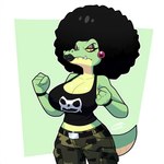 afro anthro belt big_breasts black_bracelet black_clothing black_hair black_lipstick black_shirt black_topwear bottomwear bracelet breasts cargo_pants clothing donkey_kong_(series) ear_piercing ear_ring emo eyeshadow female fist frown hair jewelry lipstick makeup nintendo pants piercing ring_piercing scowl shirt solo topwear kalypso crocodilian kremling reptile scalie novelai