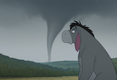 cloud cloudy day detailed_background feral forest grass hair hill lake looking_up male mountains nature outside plant raining sad sky solo storm tornado tree water boxen549 disney winnie_the_pooh_(franchise) eeyore asinus donkey equid equine mammal
